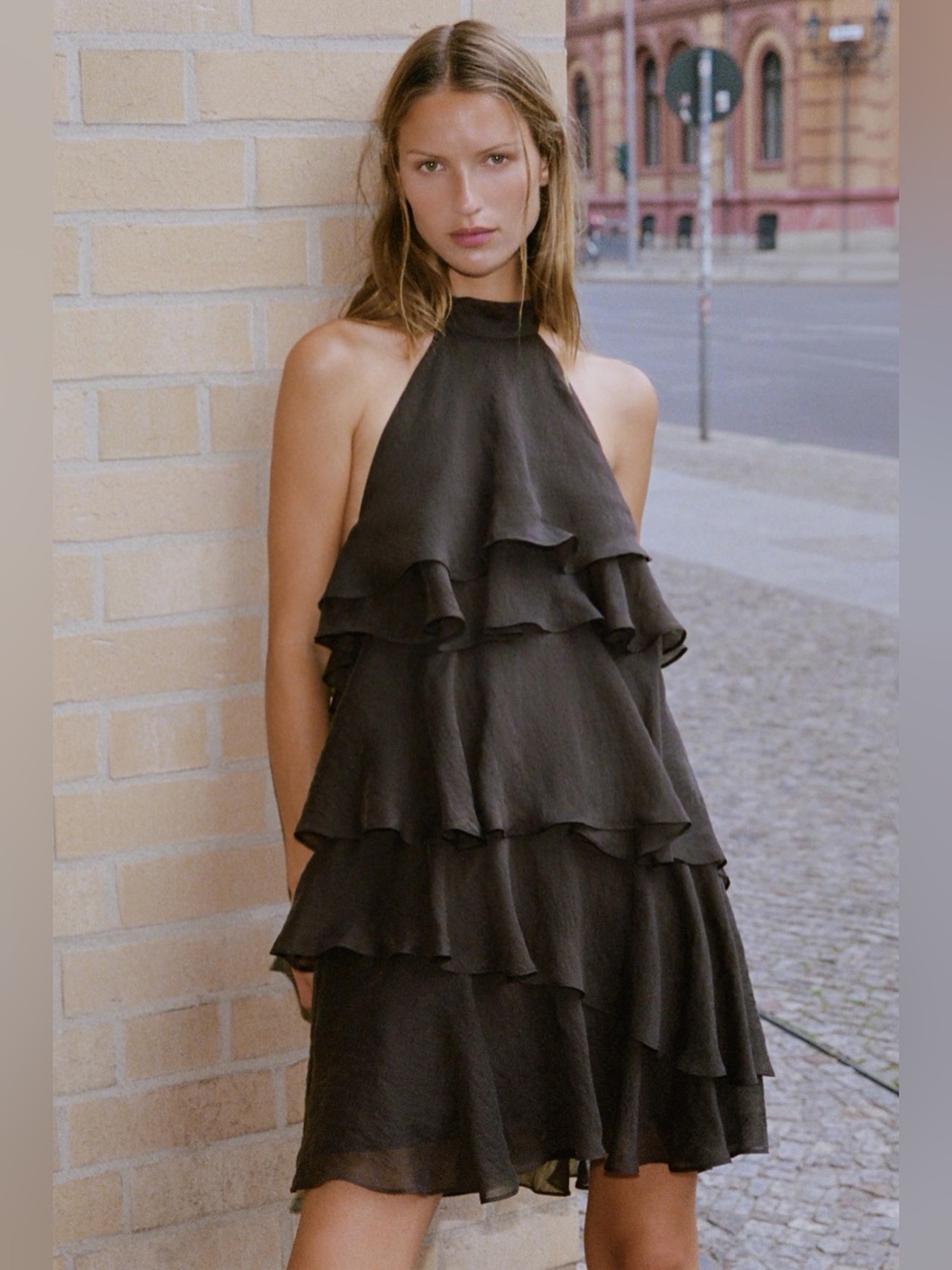 Zara Olive Green Tiered Halter Maxi Dress